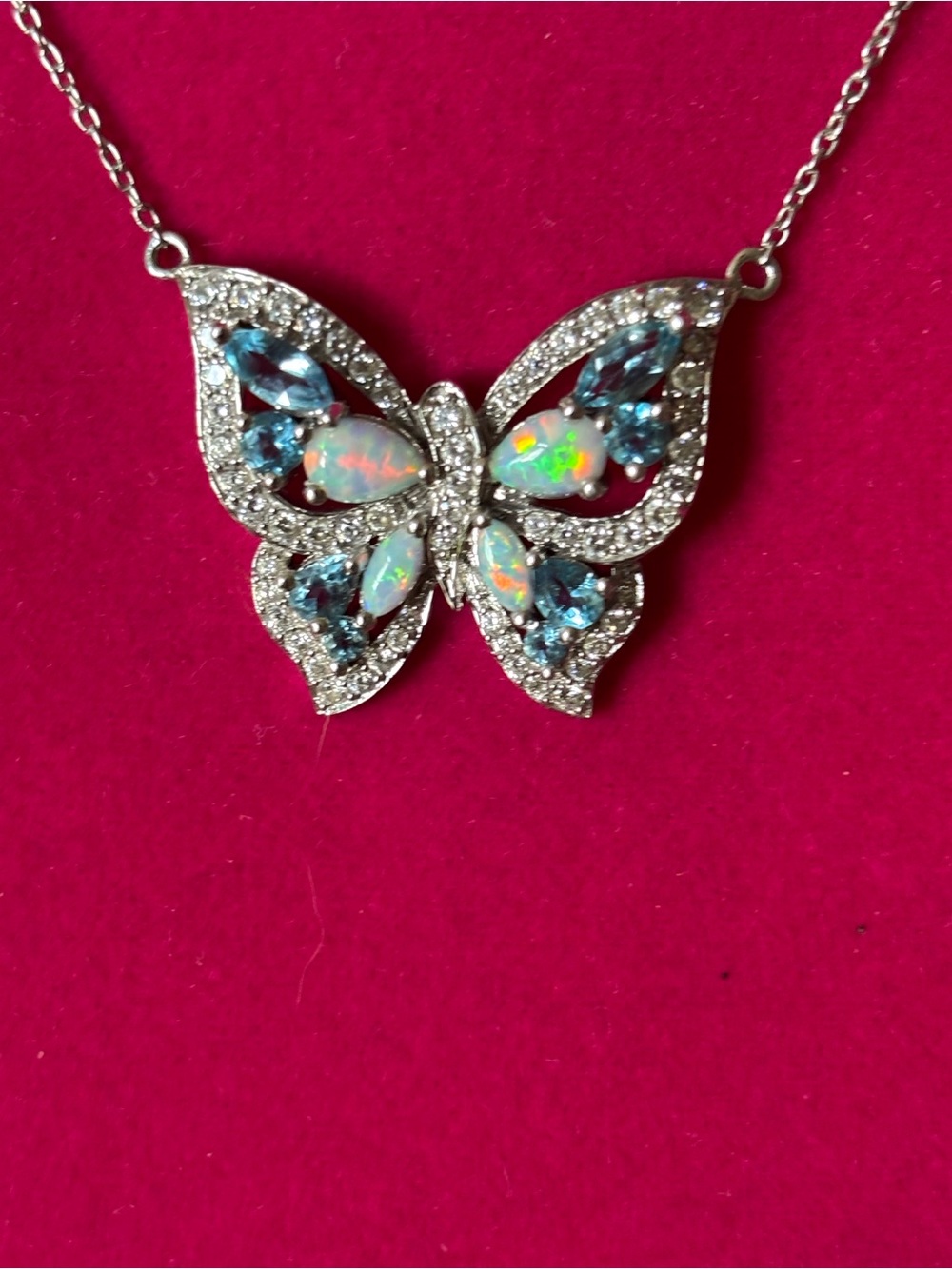 Vintage 925 Opal Blue Topaz Butterfly Pendant Necklace 17.5”